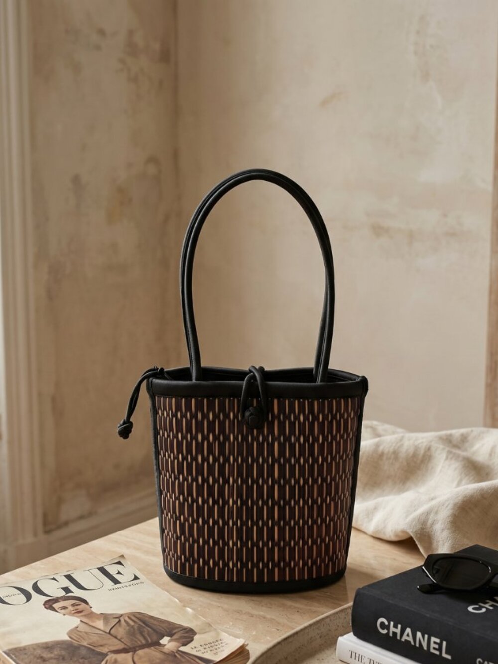 Woven Rattan Shoulder Bag Structured Artisan Tote